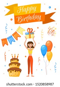 Birthday invitation with a girl and the inscription "You are invited to a birthday party". Cartoon style. Vector