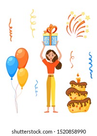 Birthday invitation with a girl and the inscription "You are invited to a birthday party". Cartoon style. Vector