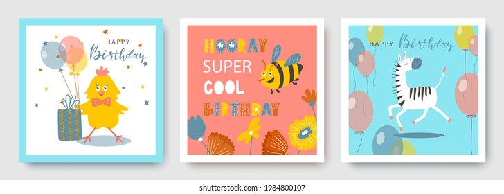 Birthday invitation greeting card with cute animals, bee.Vector illustration.