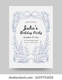 Birthday invitation with hand drawn floral and ribbon illustration. floral frame. Perfect for card, poster, flyer