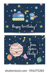 Birthday invitation. Happy birthday invitation to joint space party. Greeting card with galaxy cosmic background. Robot, moon rover, planet on dark starry sky. Vector illustration
