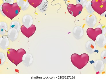 Birthday invitation  horizontal  Greeting, invitation card or flyer and balloons red white celebration background with confetti. Vector
