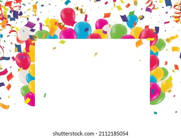 Birthday invitation  horizontal  Greeting, invitation card or flyer and balloons variety of colors celebration background with confetti. Vector