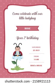 Birthday invitation with ladybug for children. Baby shower card. 