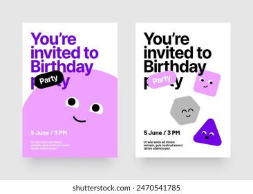 Birthday invitation layout template. Design with colorful cartoon characters for flyer, poster, cover, brochure or banner.