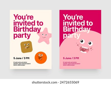 Birthday invitation layout template. Design with colorful cartoon characters and for flyer, poster, cover, brochure or banner.