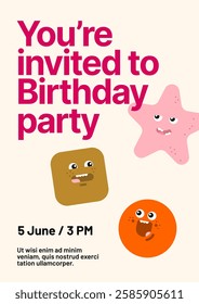 Birthday invitation layout template. Design with colorful cartoon characters for your flyer, poster, cover, brochure or banner.