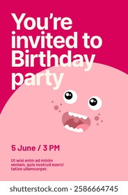 Birthday invitation layout template. Design with colorful cartoon characters for your flyer, poster, cover, brochure or banner.