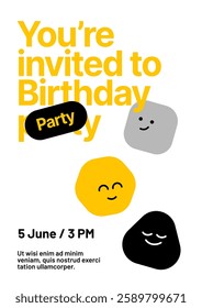 Birthday invitation layout template. Design with colorful cartoon characters for your flyer, poster, cover, brochure or banner.