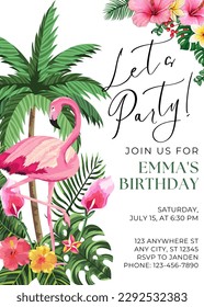 Birthday Invitation: Let's Party!  Flamingo, Vector, template, chic design, and lots of flowers!