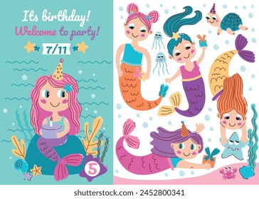 Birthday invitation with mermaid. Set of adorable fairy tale creatures with fish tails. Postcard for anniversary party celebration. Cartoon flat vector illustrations isolated on white background