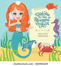 Birthday Invitation With Mermaid Under The Sea And Place For Your Text