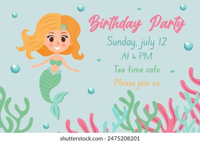 Birthday invitation with mermaid. Vector template of mermaid theme birthday party invitation. 