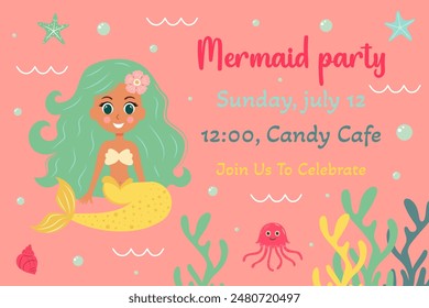 Birthday invitation with mermaid. Vector template of mermaid theme birthday party invitation. 