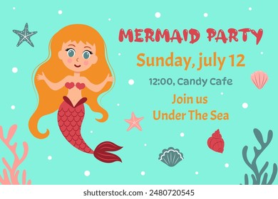 Birthday invitation with mermaid. Vector template of mermaid theme birthday party invitation. 