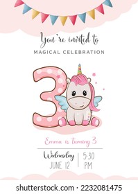 Birthday invitation with number 3 and unicorn