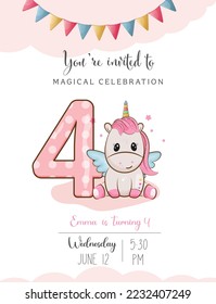 Birthday invitation with number 4 and unicorn