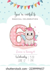 Invitación de cumpleaños con el número 6 y unicornio