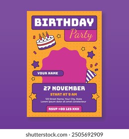 Birthday invitation party flyer template with cake, trumpet and confetti