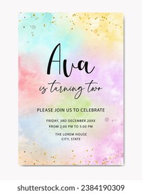 birthday invitation pastel rainbow watercolor background