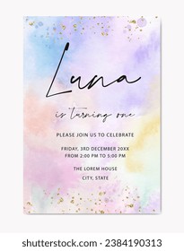 birthday invitation pastel rainbow watercolor background