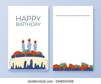 Cartel de invitación de cumpleaños. Postales para felicitaciones. Coloca tu texto. Pastel con arándanos y fresas, velas, adorno de bayas. Ilustración del vector