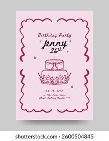 Birthday invitation poster whimsical frame border with cake illustration. doodle style