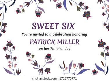 Birthday invitation. Purple flowers and calligraphy on the doodle background. Vector illustration