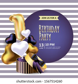 Birthday invitation with realistic packing box and golden balloons in heart shape with figure one. Vector illustration background for banner and card