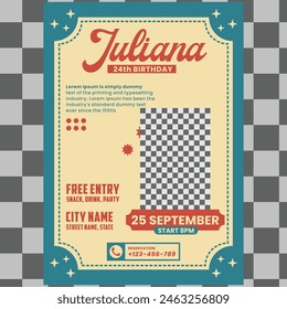 Birthday invitation retro style vintage party invitation set for social media posts, cards, brochures, flyers, and advertising poster templates