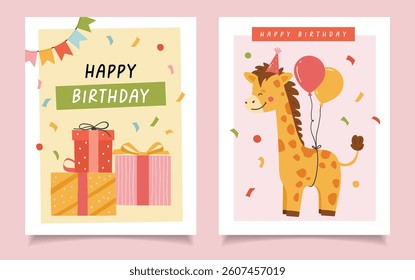 Birthday invitation set, cake, gifts. Birthday party vector. Invitation, sticker, greeting card