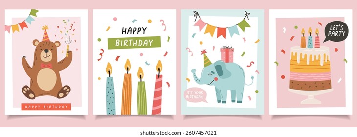 Birthday invitation set, cake, gifts. Birthday party vector. Invitation, sticker, greeting card