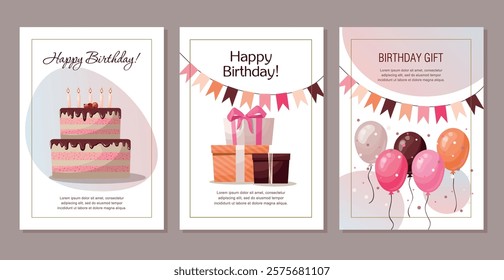 Birthday invitation set with cakes, gifts and balloons. Birthday party, celebration, congratulations, invitation concept.