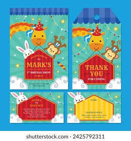 Birthday invitation set with cute circus animals