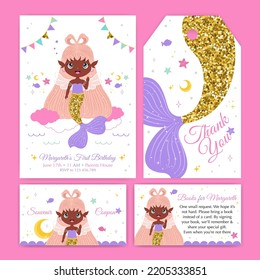 Birthday invitation set with cute glitter mermaid