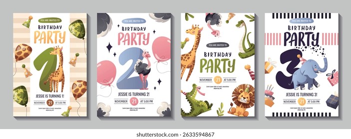 Birthday invitation set with cute jungle animals. Crocodile, lion, elephant, giraffe, ostrich, snake. Vector illustration.	