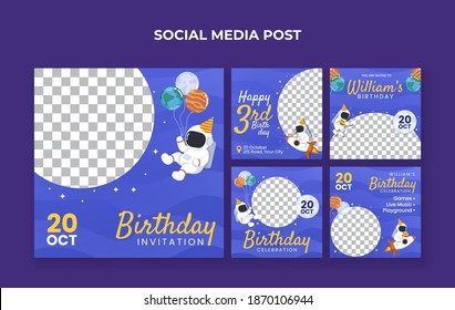 Birthday Invitation Social Media Post Template With Astronaut Illustration. Suitable For Kids Birthday Celebration Or Any Other Kids Event