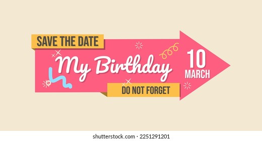 etiqueta de invitación de cumpleaños. guardar el texto de fecha. cinta de fondo de color rosa