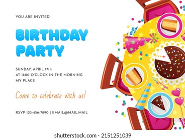 Birthday invitation template. Cartoon illustration of party table isolated on white. Vector 10 EPS.