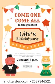 Birthday invitation template. Circus party banner frame with label and cute artists animals. Kids celebrate event. Festival poster. Greeting cartoon vector illustration. Funny characters.