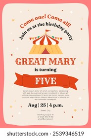 Birthday invitation template of circus theme. Party banner with bell tent, ribbon and confetti of stars. Celebration poster, event background. Vector vintage illustration. Holiday card.