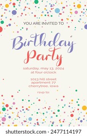 Birthday invitation template with confetti. Flyer, booklet, leaflet concept with flat illustrations. Vector page cartoon layout for magazine. Anniversary celebration invitation with text.