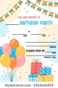 Birthday invitation template. Cute fun elements. Funny colorful kid bday party invitation card vertical design. Vector illustration with space for filling, hand writing. 