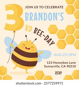 Birthday invitation template with cute happy bee and honeycomb. Kawaii bumblebee holds balloon shape number three. Cartoon flat vector illustration