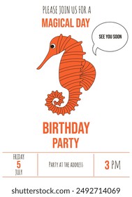 Birthday invitation template design. Marine animal isolated white. Simple flat seahorse. Summer art. Vector illustration for social media with typography text. EPS 10