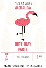 Birthday invitation template design with pink flamingo. B-Day invite card cover design. Simple flat vector flyer aesthetic for web and social media. EPS 10