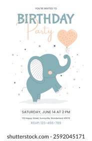 Birthday invitation template featuring an adorable elephant holding a balloon. Vector illustration. Postcard, card, cover.