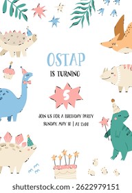 Birthday invitation template with hand-drawn dinosaurs. Perfect for baby showers, birthdays, dino-themed events.