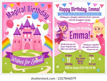 Birthday invitation template for a princess and fairy themed party. Cute birthday card for a little girl with a castle and rainbow on pink background, invitations and wishes. Printable vector mockup.