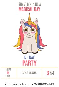 Birthday invitation template with Unicorn. Design of B-Day party invite with typography. Cute flat Unicorn. Holiday vector illustration for social media, greeting card, flyer cover print. Editable 